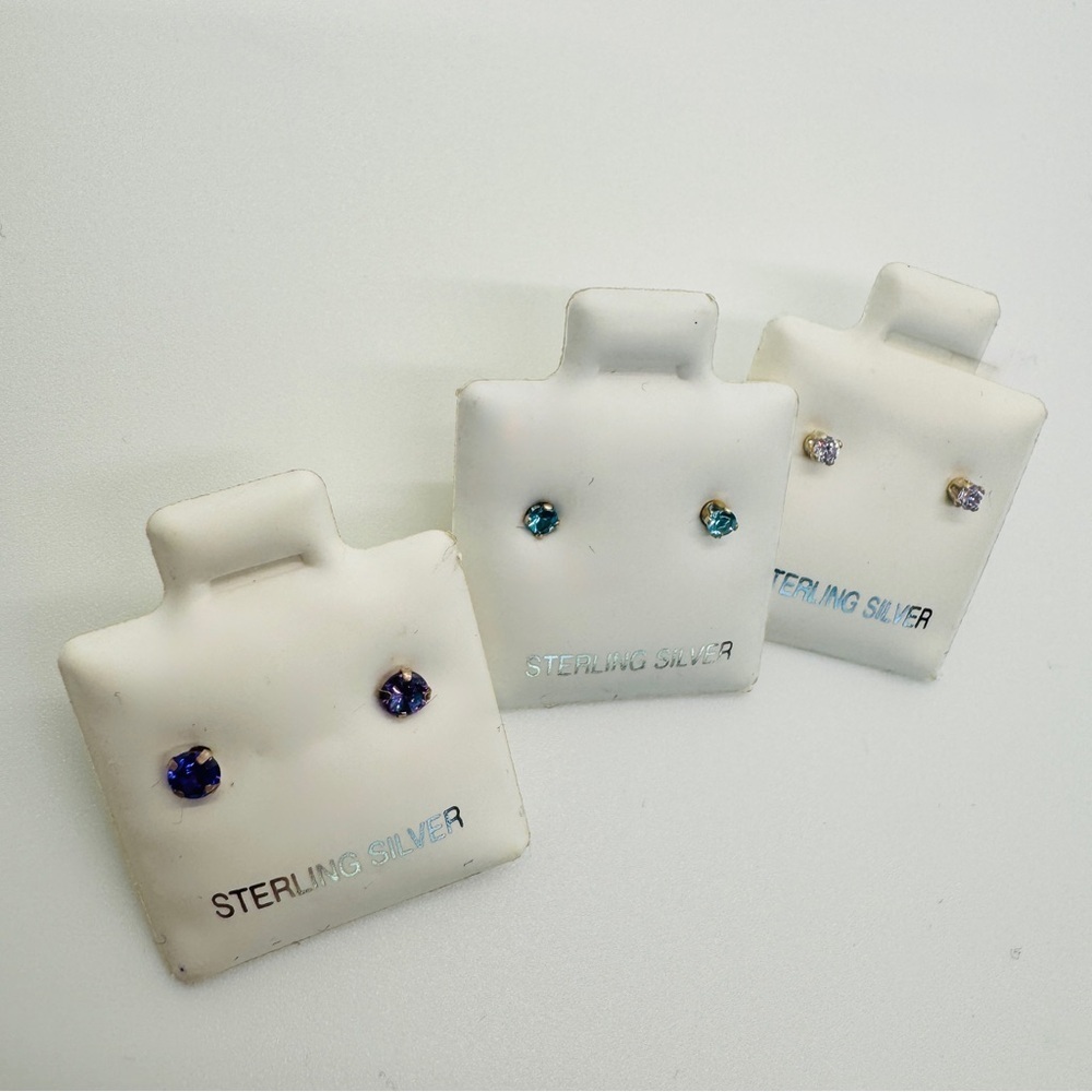 3 Pairs of Sterling Silver Stud Earrings Bundle - Purple, Blue, Silver - Picture 5 of 5